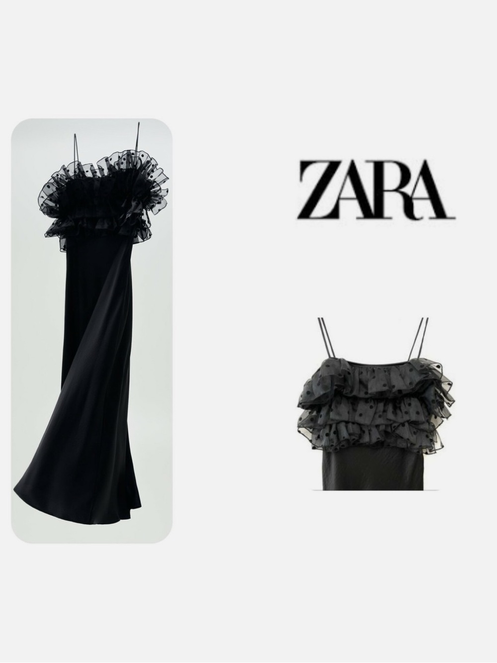 Zara Black Satin Ruffled Slip Dress